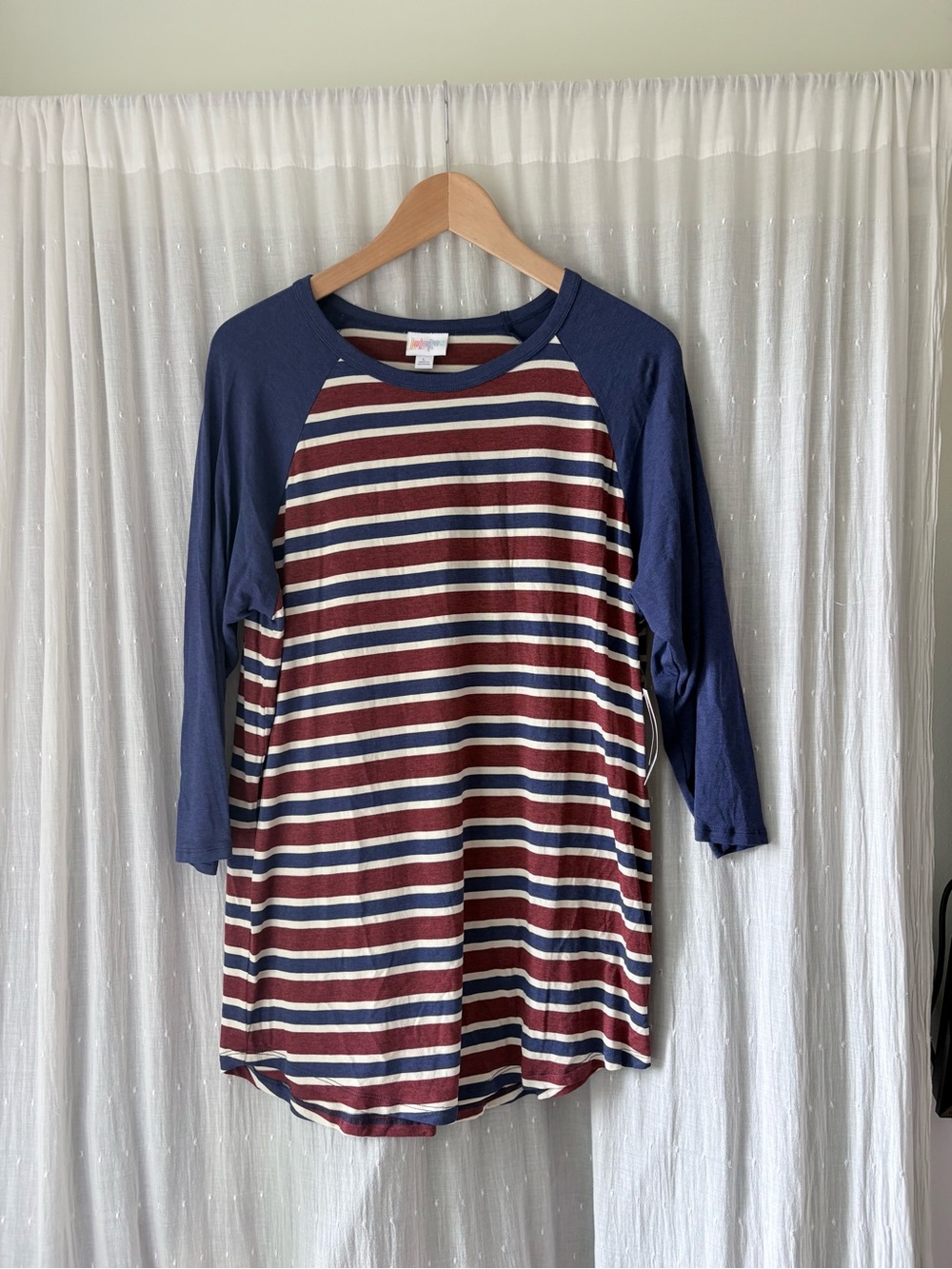 LuLaRoe Navy Sleeve Striped Burgundy & Cream Raglan Top